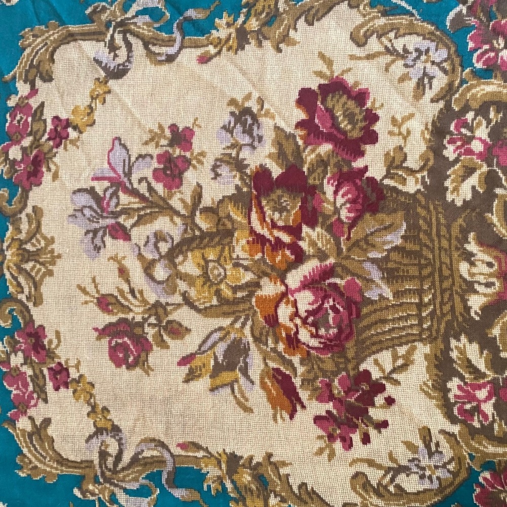 Vintage Glentex Teal Floral Tapestry Square Scarf Fringed Edge Victorian Style - Picture 10 of 13